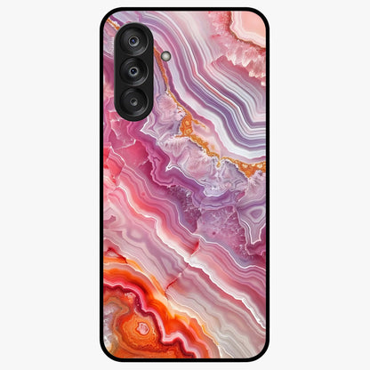 Rose Quartz Marble Glass Case showing flat back view with pink marble quartz texture artwork and glossy glass finish.