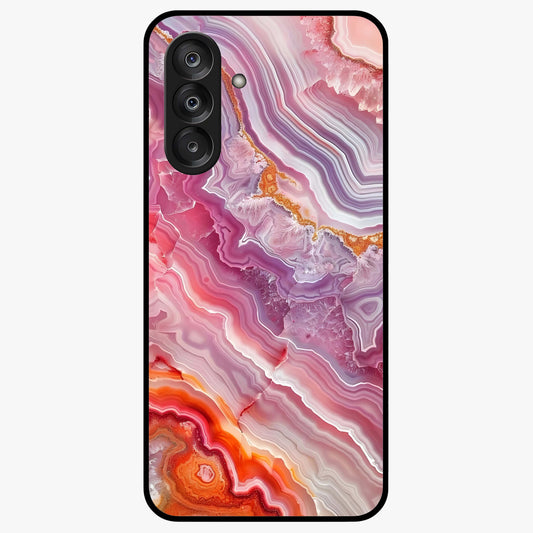 Rose Quartz Marble Glass Case showing flat back view with pink marble quartz texture artwork and glossy glass finish.