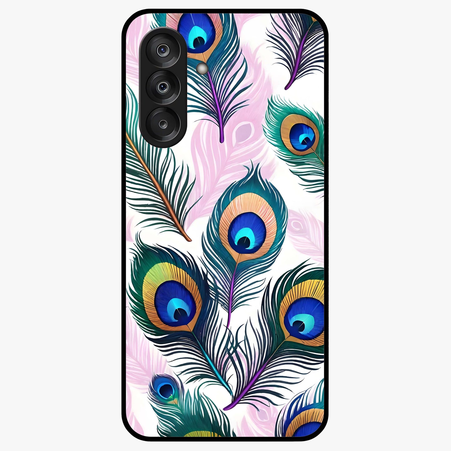 Royal Peacock Feathers Glass Case showing flat back view with colorful peacock feather artwork and glossy glass finish.