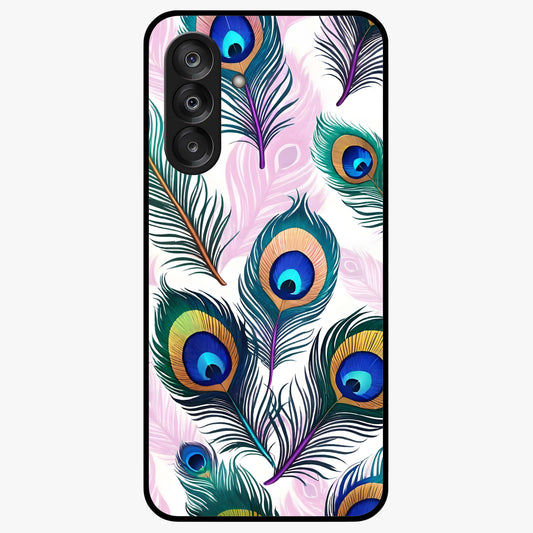 Royal Peacock Feathers Glass Case showing flat back view with colorful peacock feather artwork and glossy glass finish.