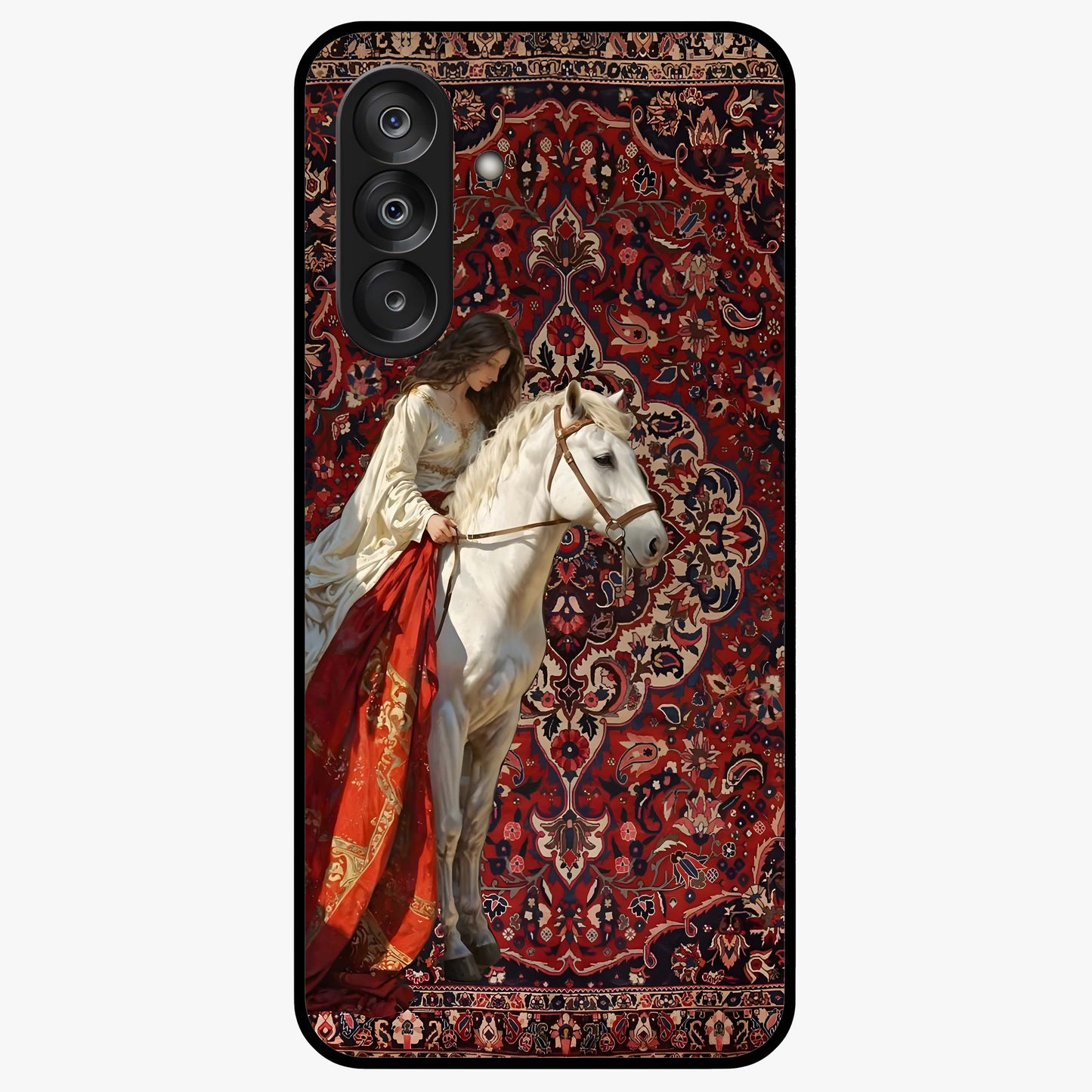 Royal Rider Tapestry Glass Case showing flat back view with majestic horse rider tapestry artwork and glossy glass finish.