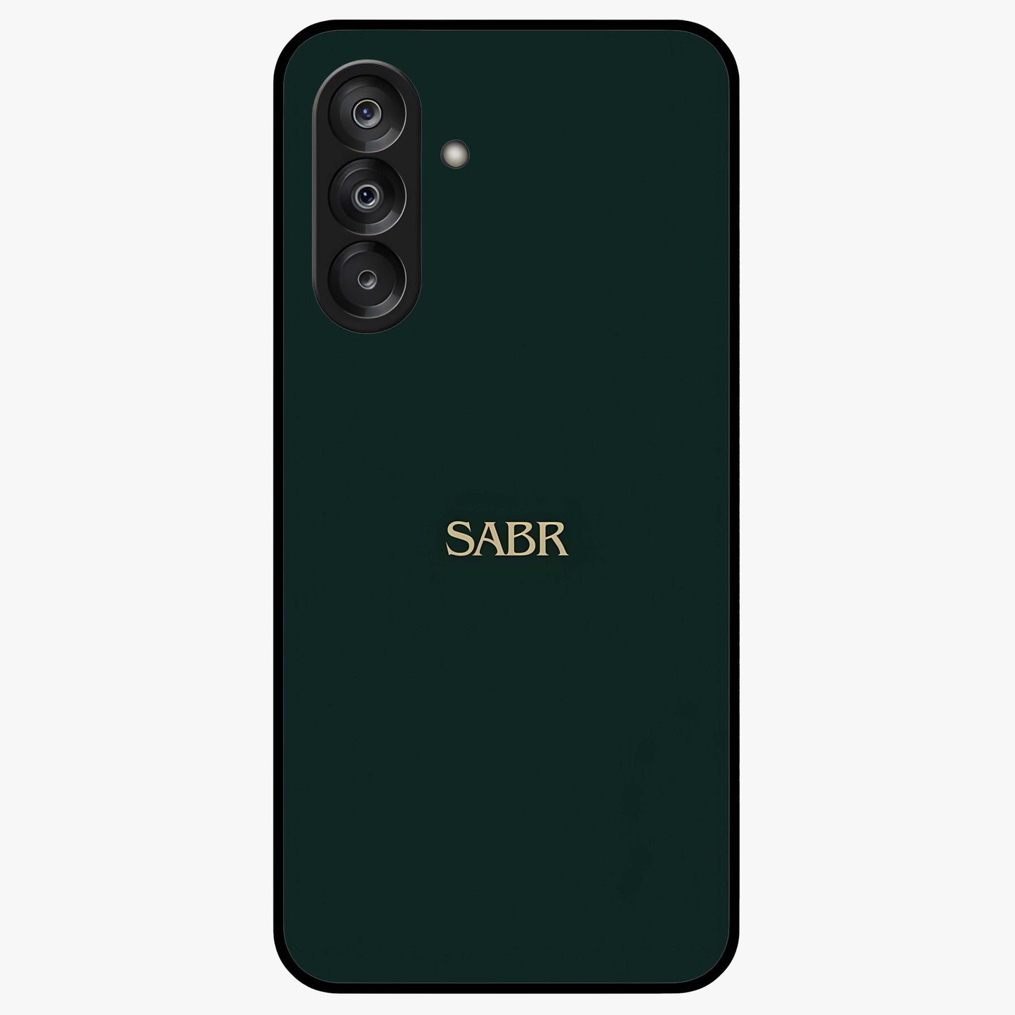 Sabr Minimal Patience Glass Case showing flat back view with minimalist typography artwork and glossy glass finish.