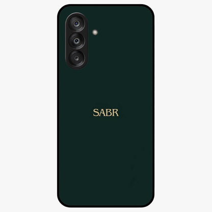 Sabr Minimal Patience Glass Case showing flat back view with minimalist typography artwork and glossy glass finish.