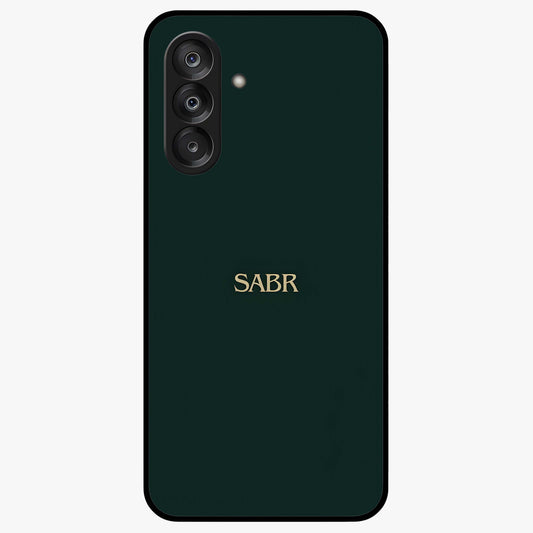 Sabr Minimal Patience Glass Case showing flat back view with minimalist typography artwork and glossy glass finish.