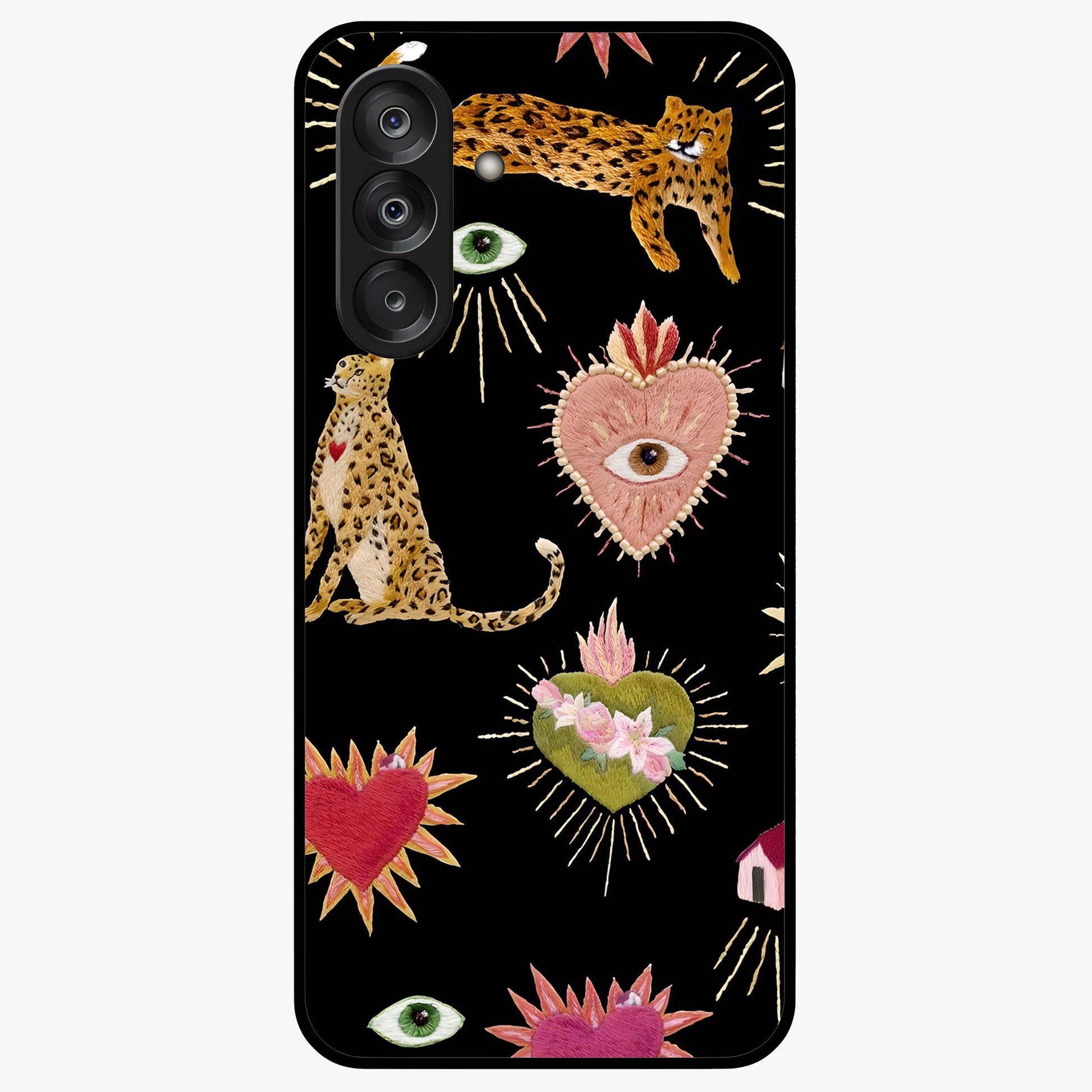 Sacred Jungle Heart Glass Case showing flat back view with jungle inspired heart artwork and glossy glass finish.