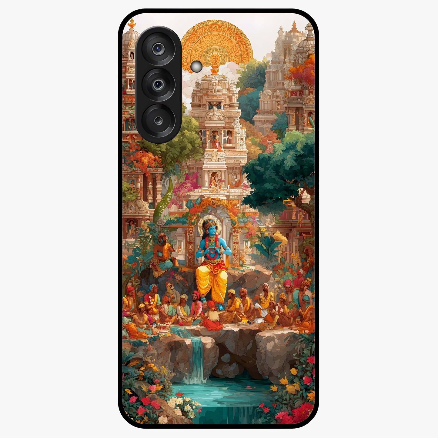 Sacred Sunlight Gods Glass Case showing flat back view with divine sunlight themed artwork and glossy glass finish.