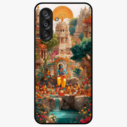 Sacred Sunlight Gods Glass Case showing flat back view with divine sunlight themed artwork and glossy glass finish.