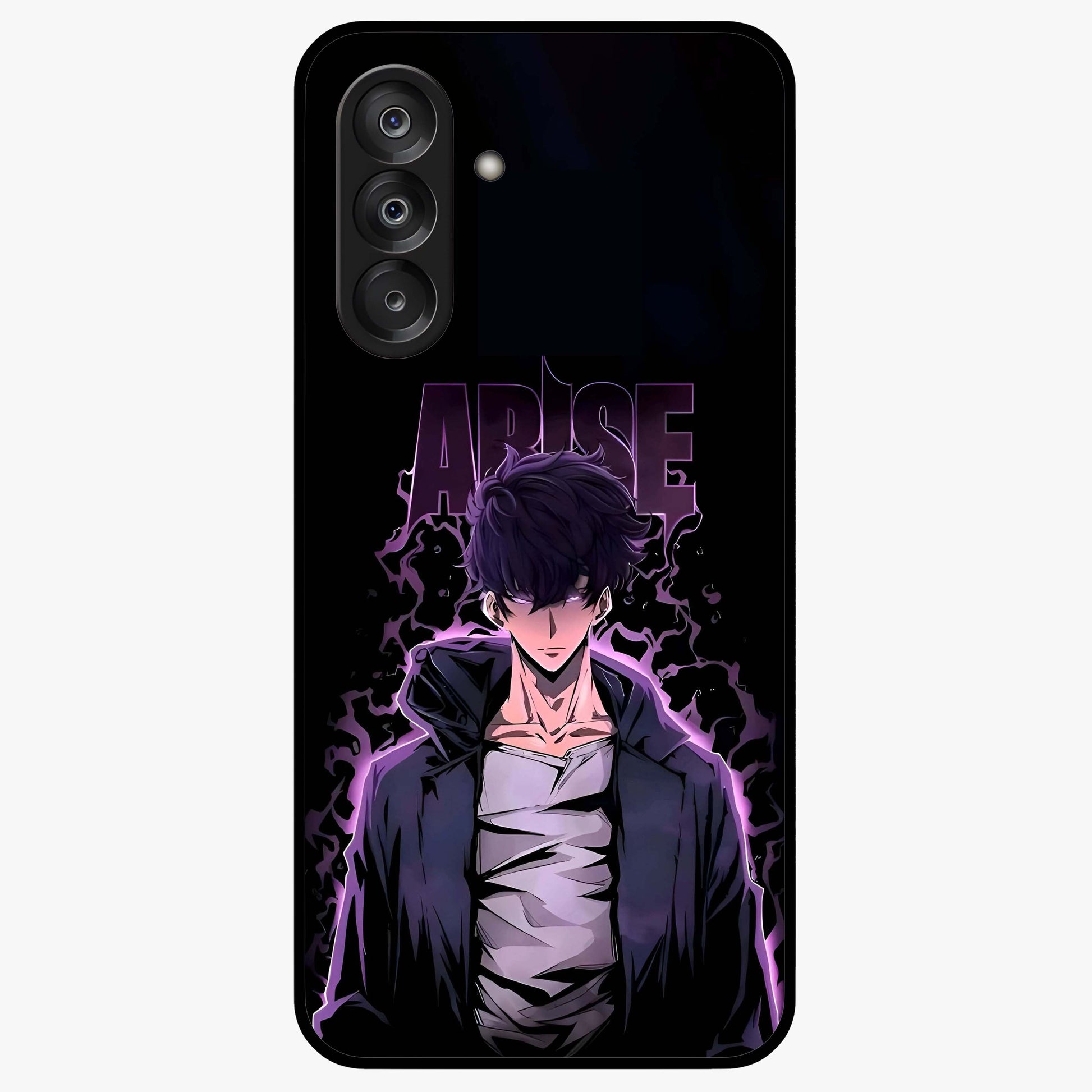 Shadow Monarch Awakening Glass Case showing flat back view with powerful dark monarch themed artwork and glossy glass finish.