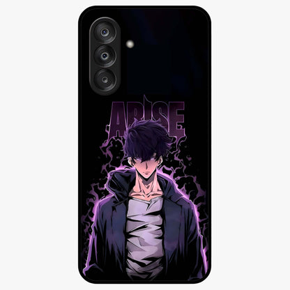 Shadow Monarch Awakening Glass Case showing flat back view with powerful dark monarch themed artwork and glossy glass finish.
