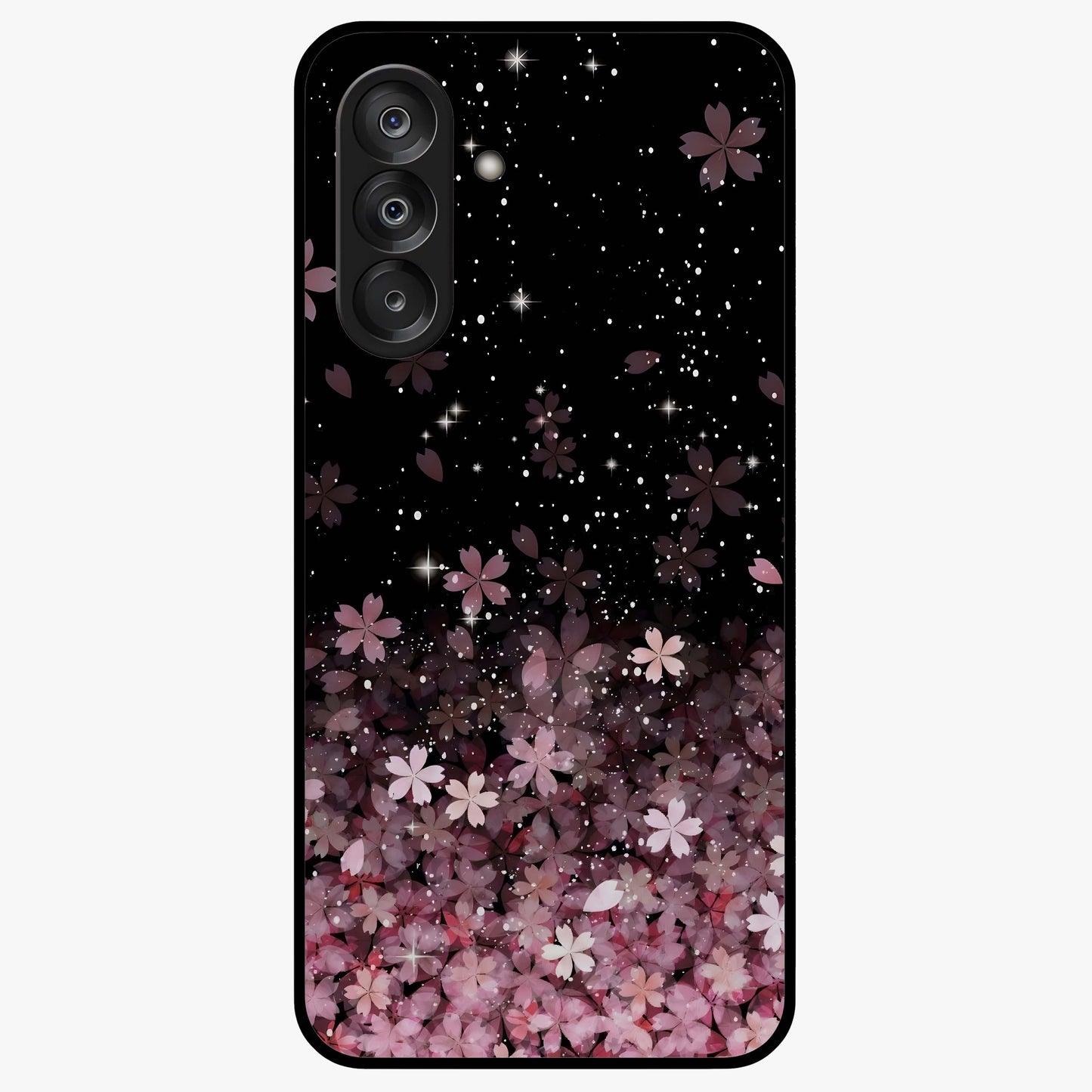 Small Starry Flowers Glass Case showing flat back view with delicate starry floral artwork and glossy glass finish.