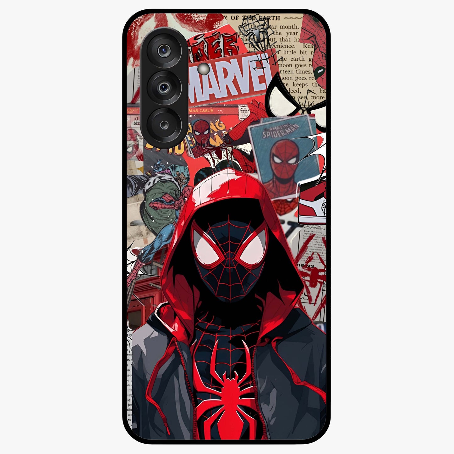 Spider Collage Street Glass Case showing flat back view with vibrant superhero collage artwork and glossy glass finish.