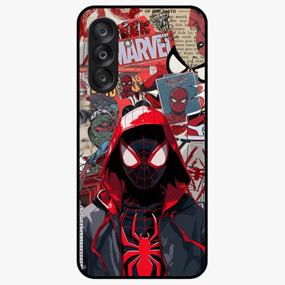 Spider Collage Street Glass Case showing flat back view with vibrant superhero collage artwork and glossy glass finish.