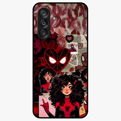 Spider Love Story Glass Case showing flat back view with romantic superhero themed artwork and glossy glass finish.