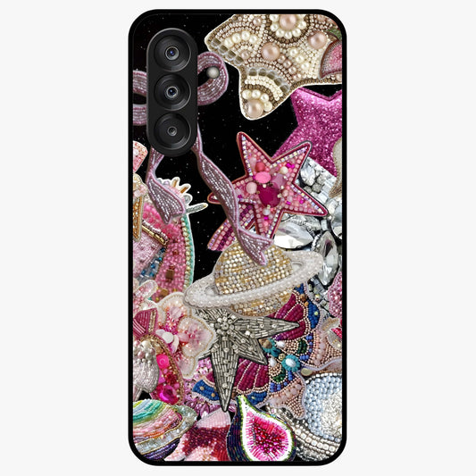 Starlit Jewel Dream Glass Case showing flat back view with sparkling jewel and star themed artwork and glossy glass finish.