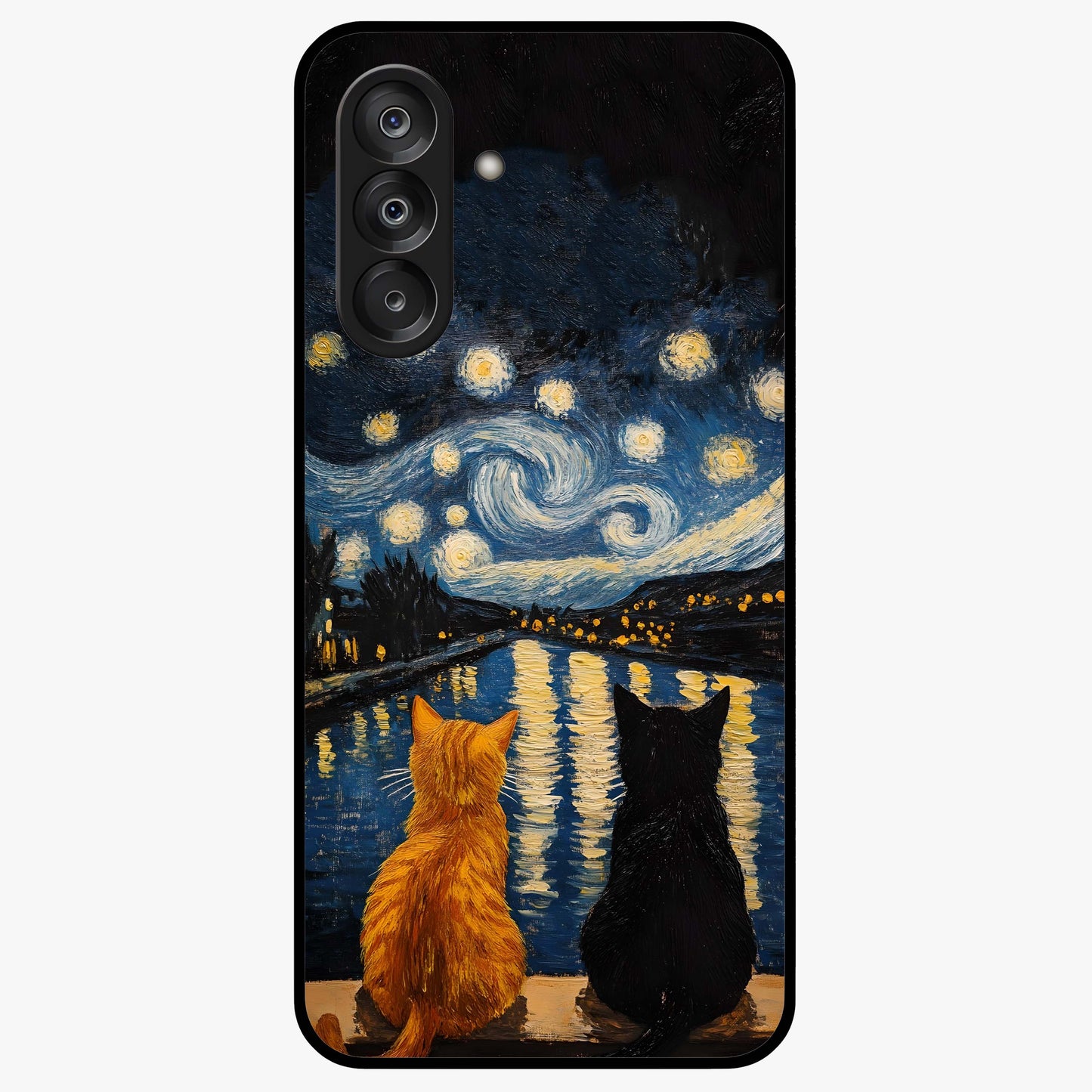Starry River Cats Glass Case showing flat back view with cats by a starry river artwork and glossy glass finish.