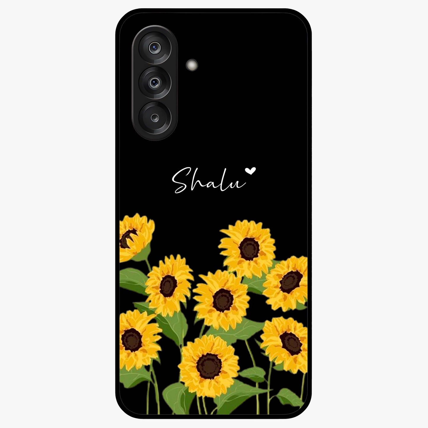 Sunflower Chic Mood Custom Name Glass Case showing flat back view with stylish sunflower artwork and personalized name design.