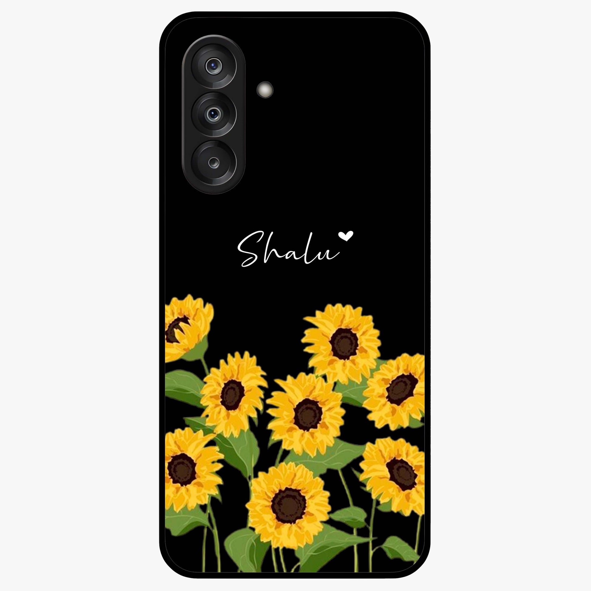 Sunflower Chic Mood Custom Name Glass Case showing flat back view with stylish sunflower artwork and personalized name design.
