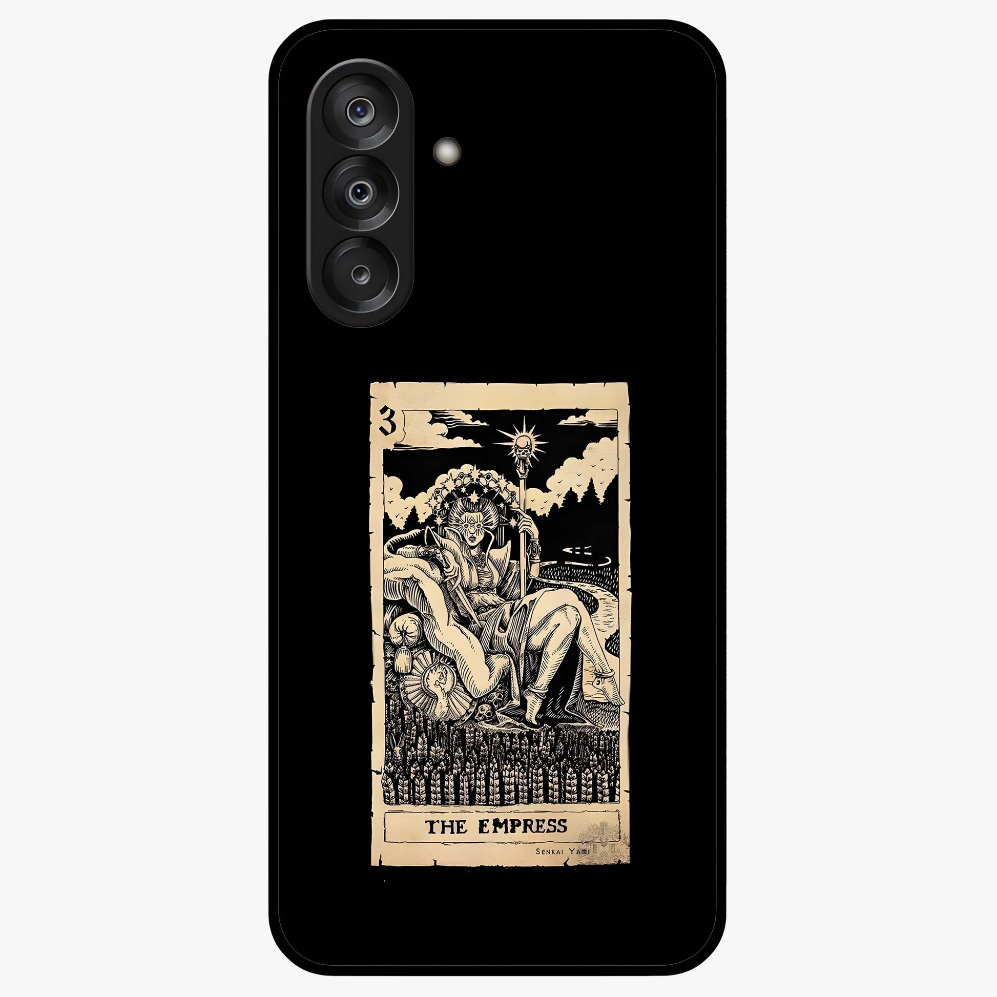 The Empress Glass Case showing flat back view with regal feminine artwork and glossy glass finish.