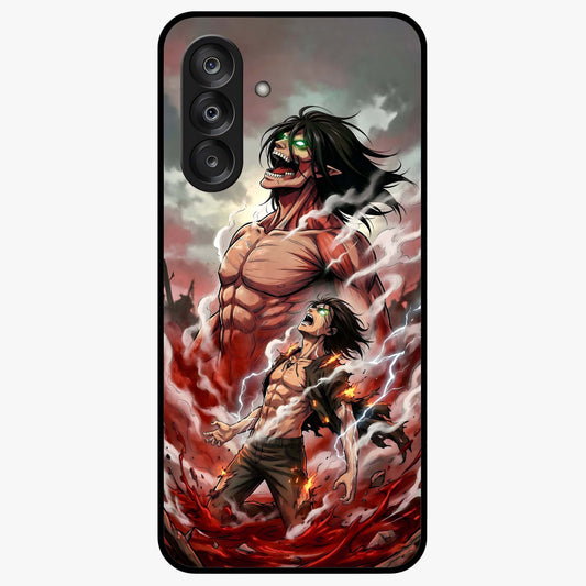 Titan Awakening Fury Glass Case showing flat back view with powerful titan inspired artwork and glossy glass finish.