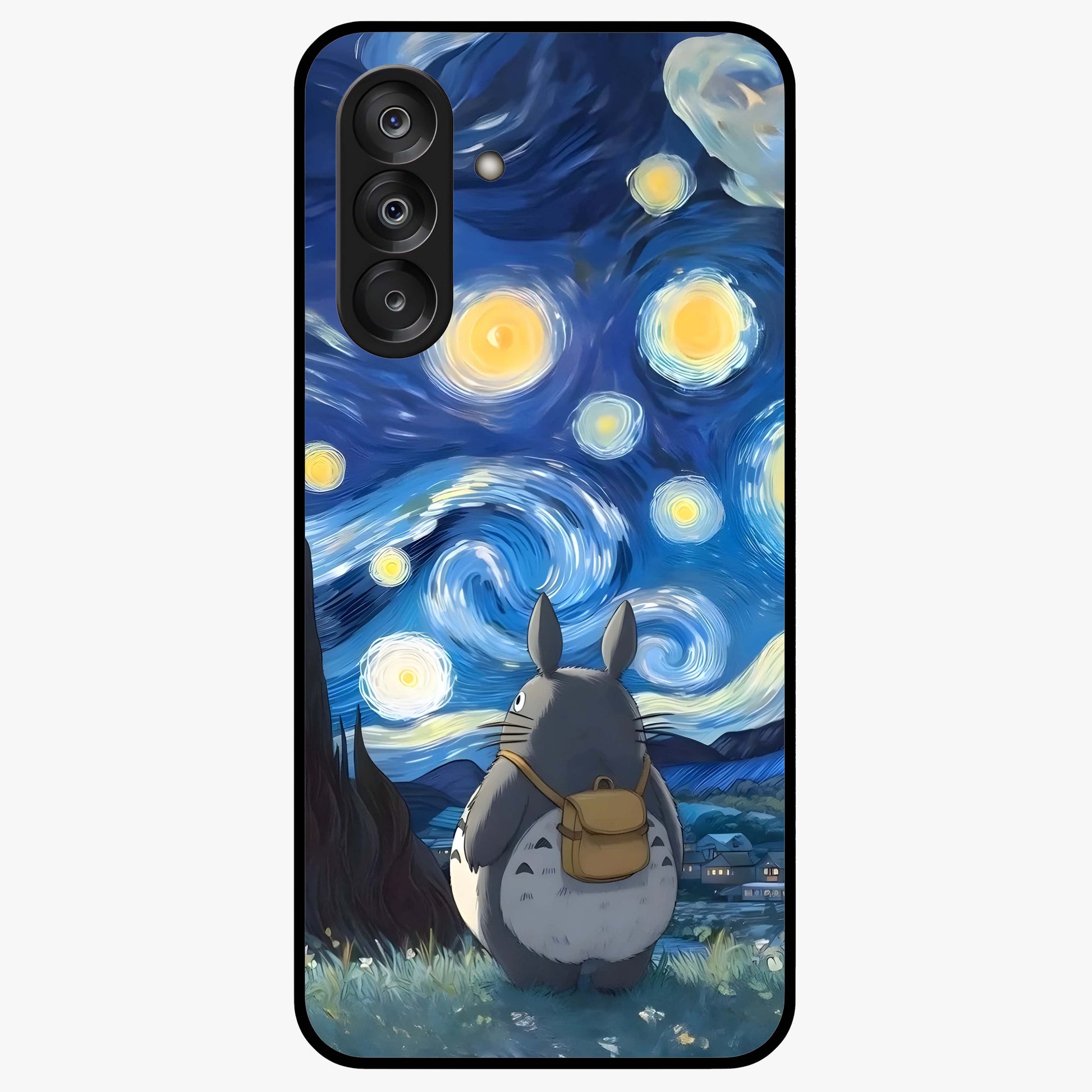 Totoro In Van Gogh Art Glass Case showing flat back view with whimsical character artwork inspired by Van Gogh style and glossy glass finish.