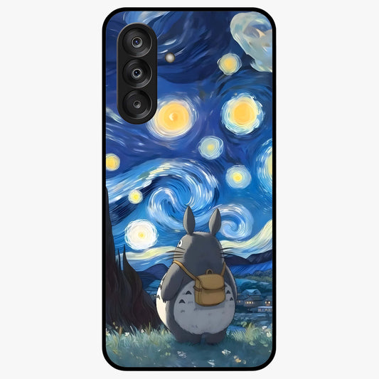 Totoro In Van Gogh Art Glass Case showing flat back view with whimsical character artwork inspired by Van Gogh style and glossy glass finish.