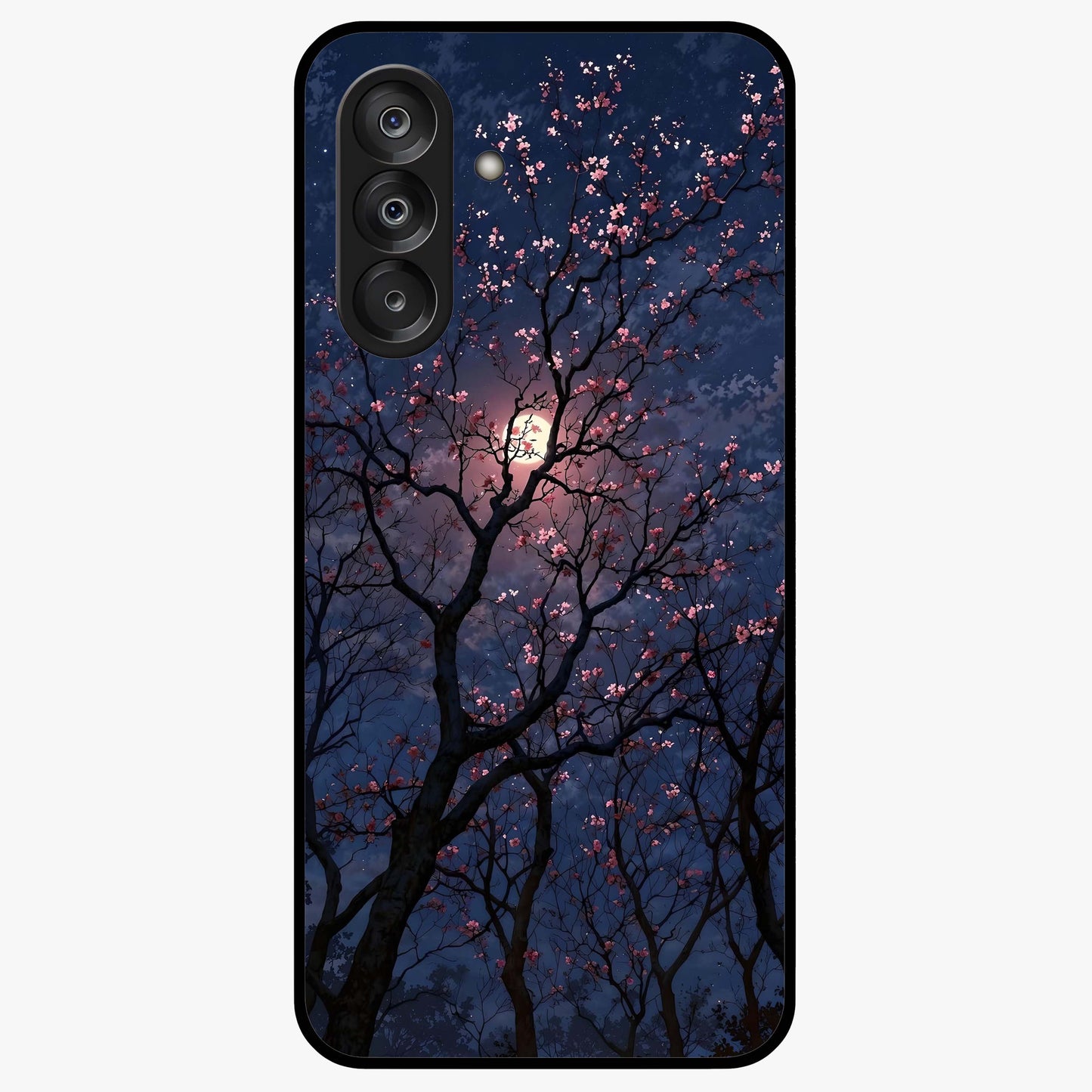 Twilight Sakura Serenade Glass Case showing flat back view with cherry blossom artwork at twilight and glossy glass finish.