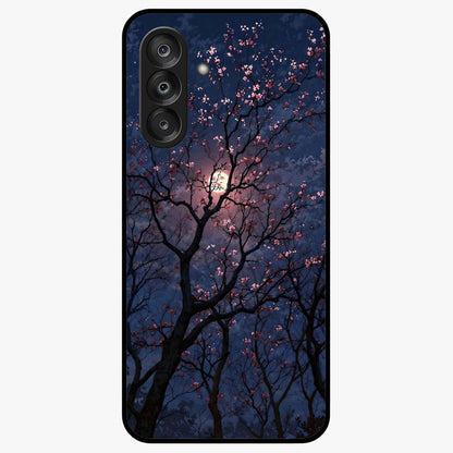 Twilight Sakura Serenade Glass Case showing flat back view with cherry blossom artwork at twilight and glossy glass finish.