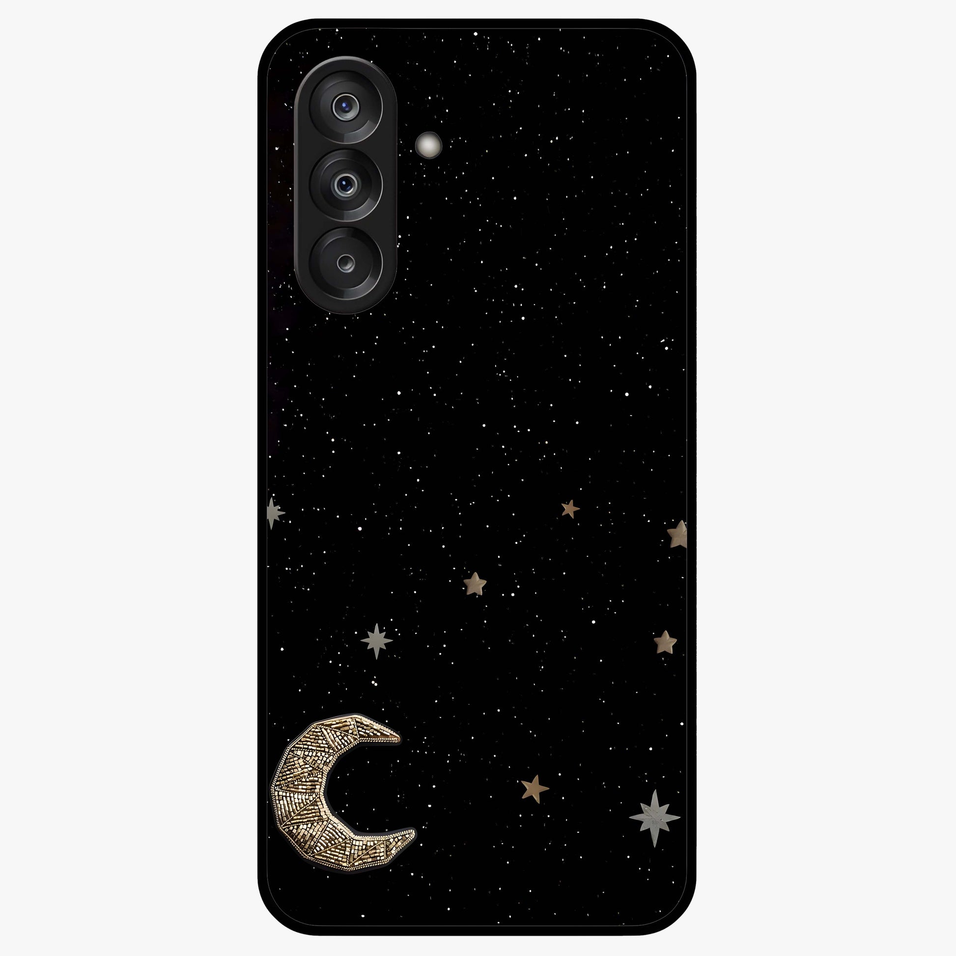 Twinkle Star With Half Moon Glass Case showing flat back view with star and half moon artwork and glossy glass finish.