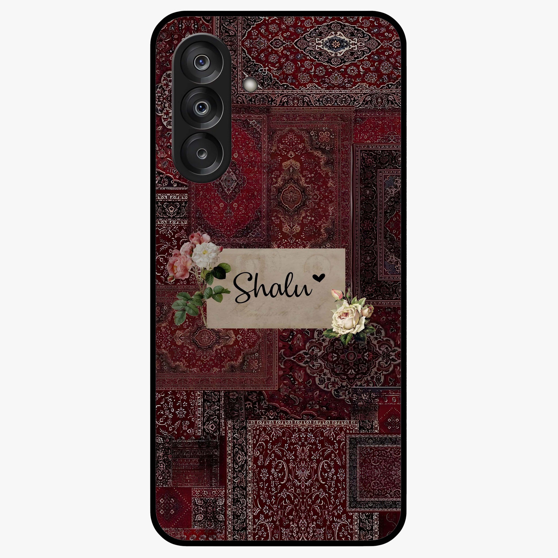 Velvet Wine Pattern Custom Name Glass Case showing flat back view with elegant wine colored pattern artwork and personalized name design.