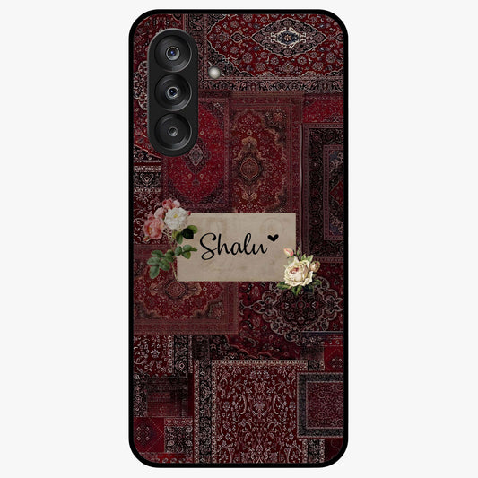 Velvet Wine Pattern Custom Name Glass Case showing flat back view with elegant wine colored pattern artwork and personalized name design.
