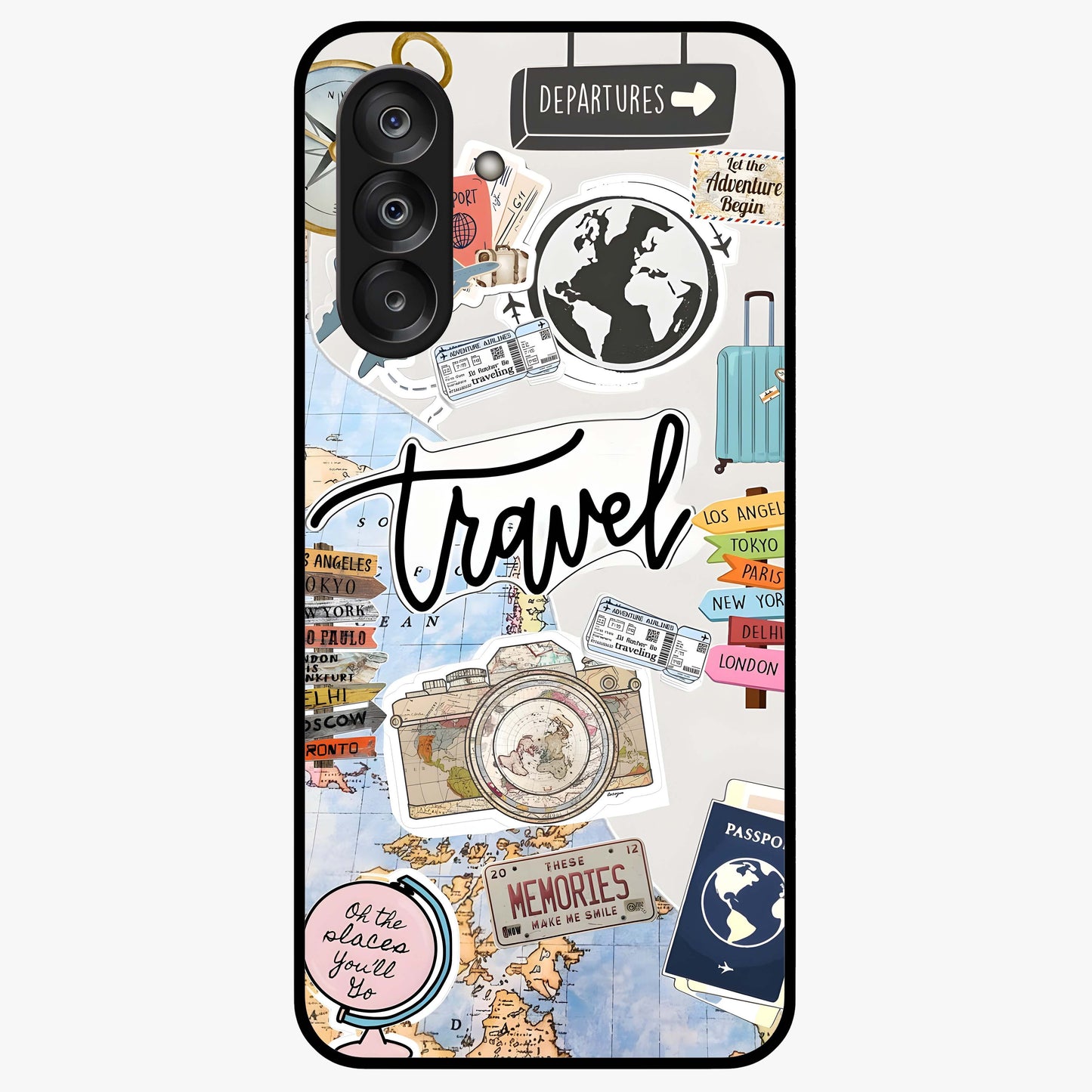Wanderlust Journal Glass Case showing flat back view with travel inspired artwork and glossy glass finish.