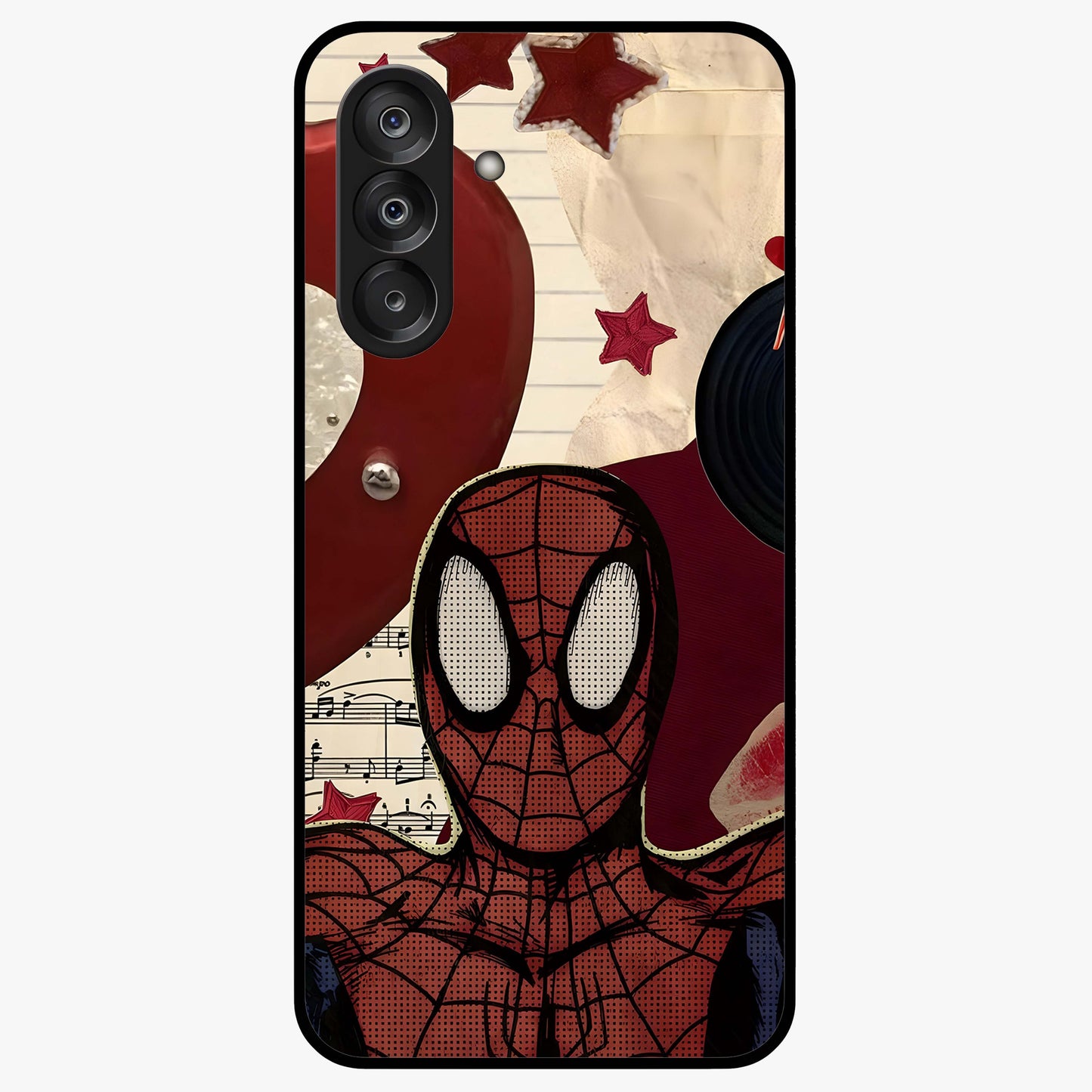 Web Warrior Vibes Glass Case showing flat back view with superhero inspired web themed artwork and glossy glass finish.