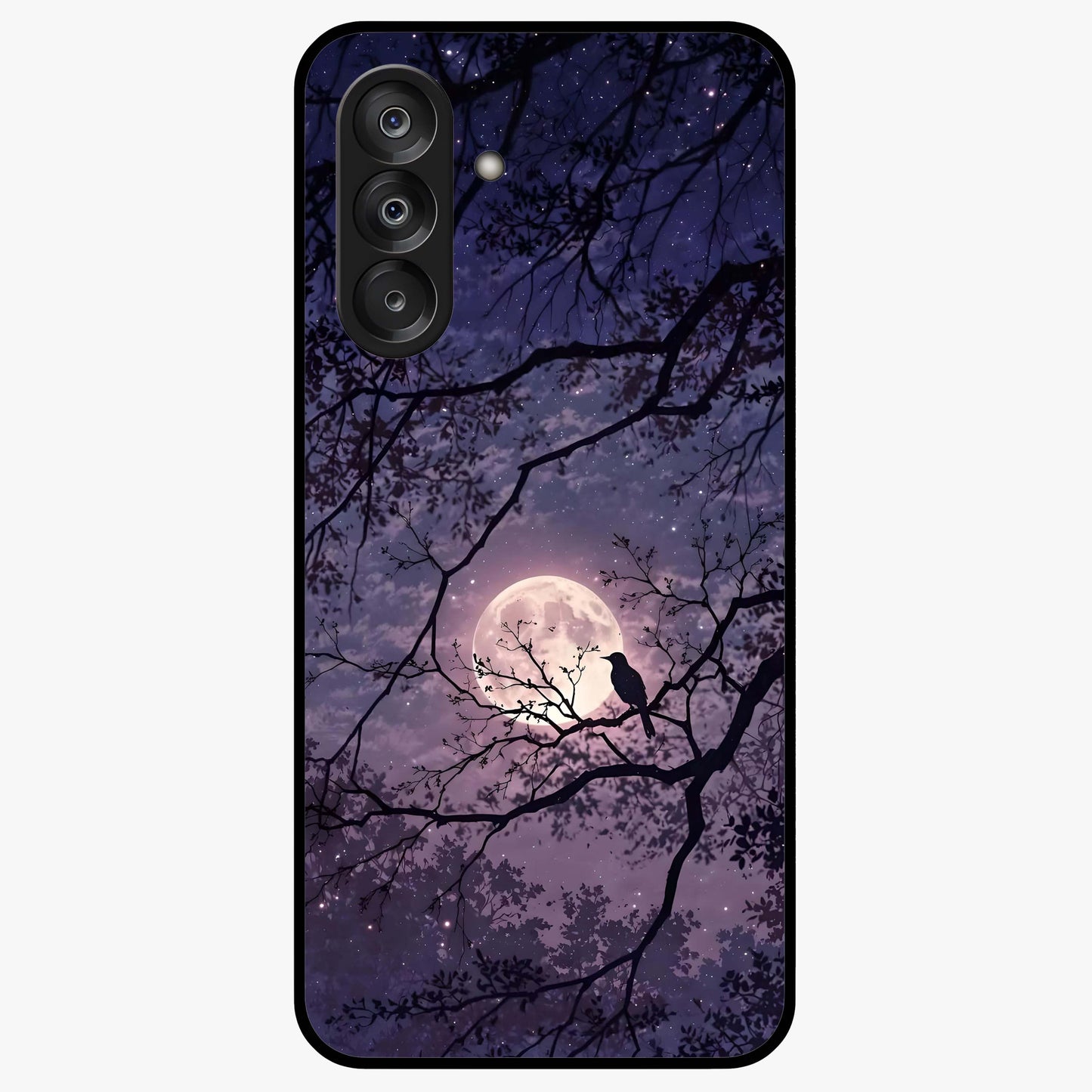 Whispering Moon Silence Glass Case showing flat back view with serene moon themed artwork and glossy glass finish.
