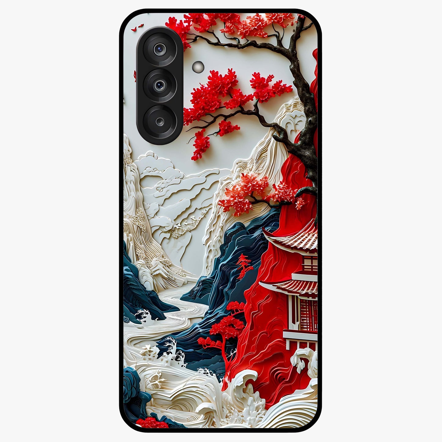 Whispers Of Sakura Waves Glass Case showing flat back view with cherry blossom wave artwork and glossy glass finish.