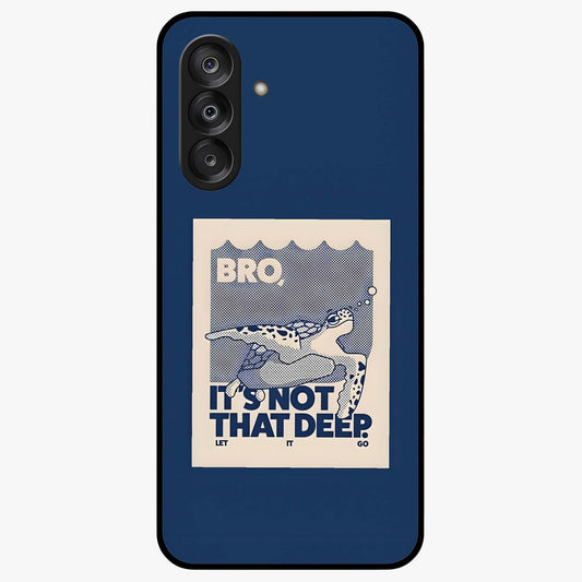 Worry Less Swim Glass Case showing flat back view with playful motivational artwork and glossy glass finish.