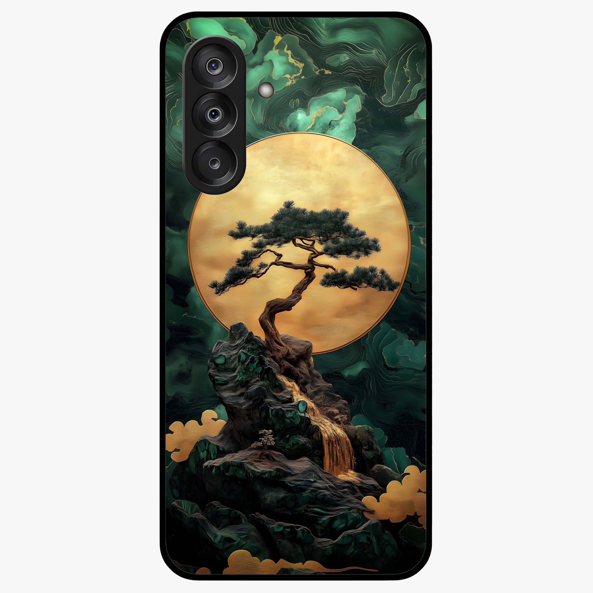 Zen Moon Rise Glass Case showing flat back view with calm moonrise artwork and glossy glass finish.