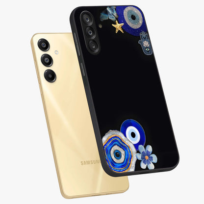 Aesthetic Blue Evil Eye Glass Case displayed in angled mockup highlighting blue evil eye symbol and spiritual aesthetic design.