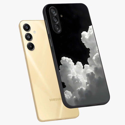 Black Background With White Cloud Glass Case displayed in angled mockup highlighting soft white cloud illustration and minimal design.