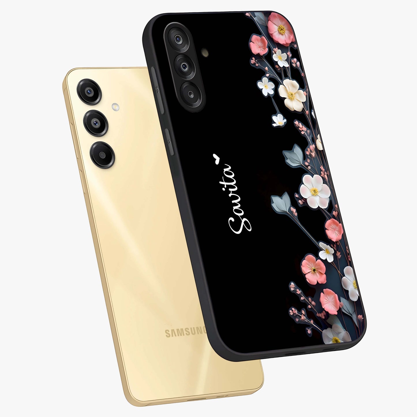 Black Elegance Floral Custom Name Glass Case displayed in angled mockup highlighting dark floral aesthetic and custom name feature.