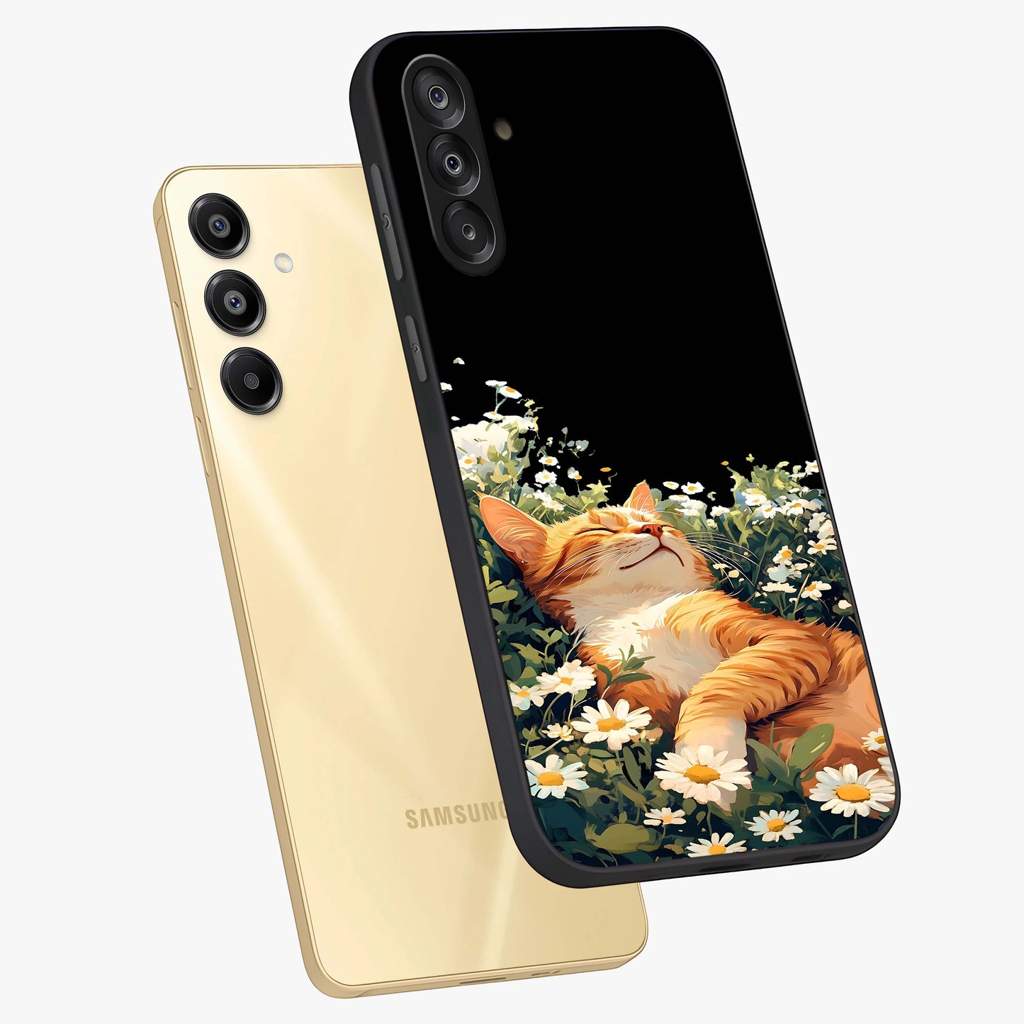 Blissful Bloom Cat Glass Case displayed in angled mockup highlighting playful feline illustration with soft floral aesthetic.