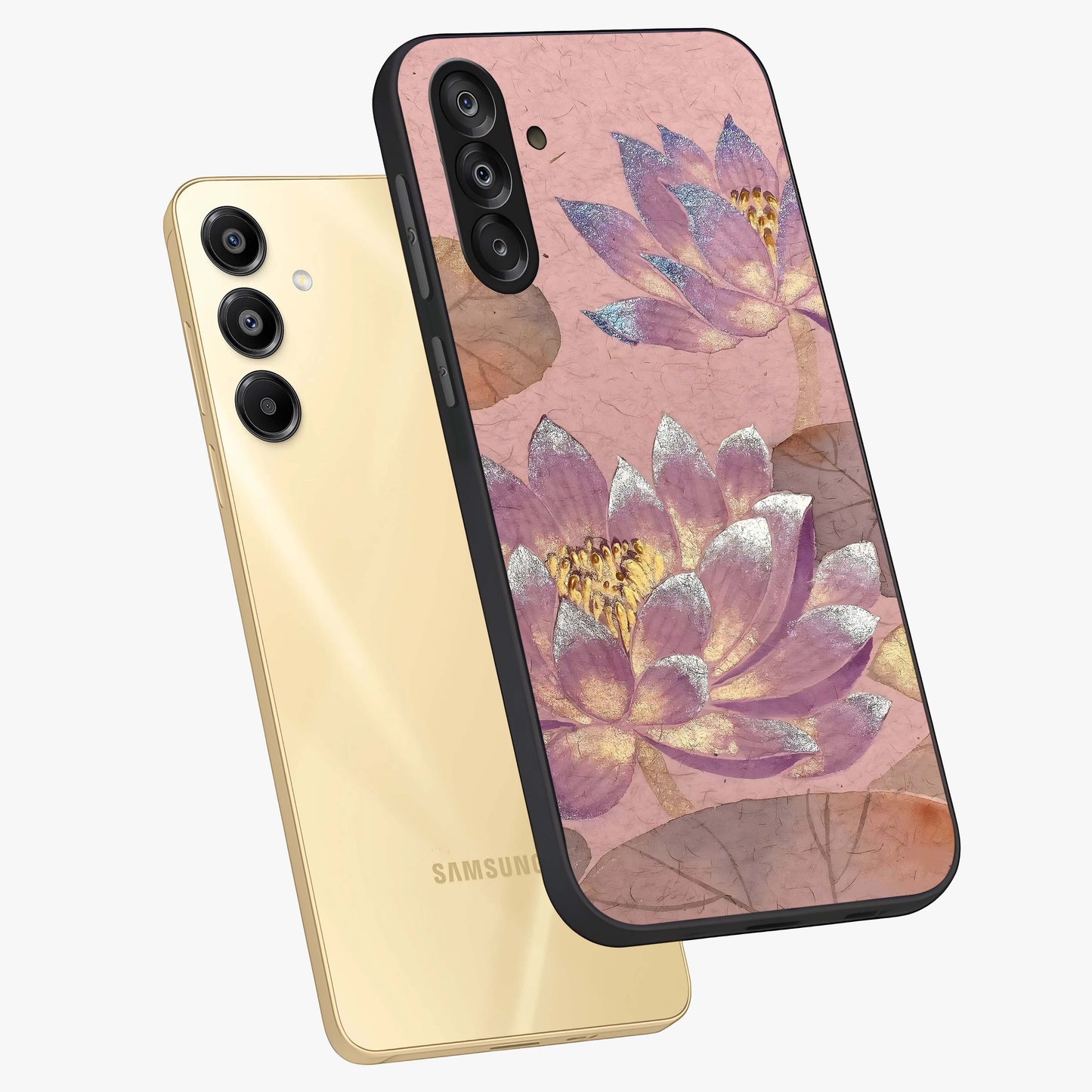 Blossom Mist Lotus Glass Case displayed in angled mockup highlighting delicate lotus illustration with calm aesthetic theme.