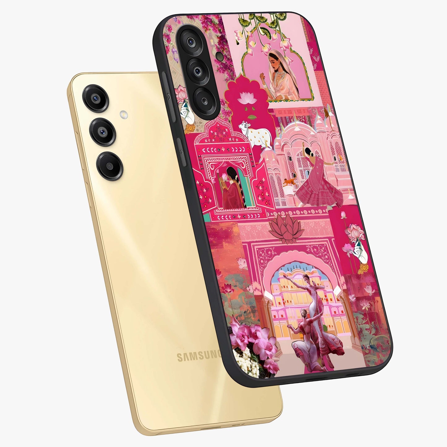 Blossoms of Rajasthan Glass Case displayed in angled mockup highlighting vibrant floral pattern with cultural aesthetic style.