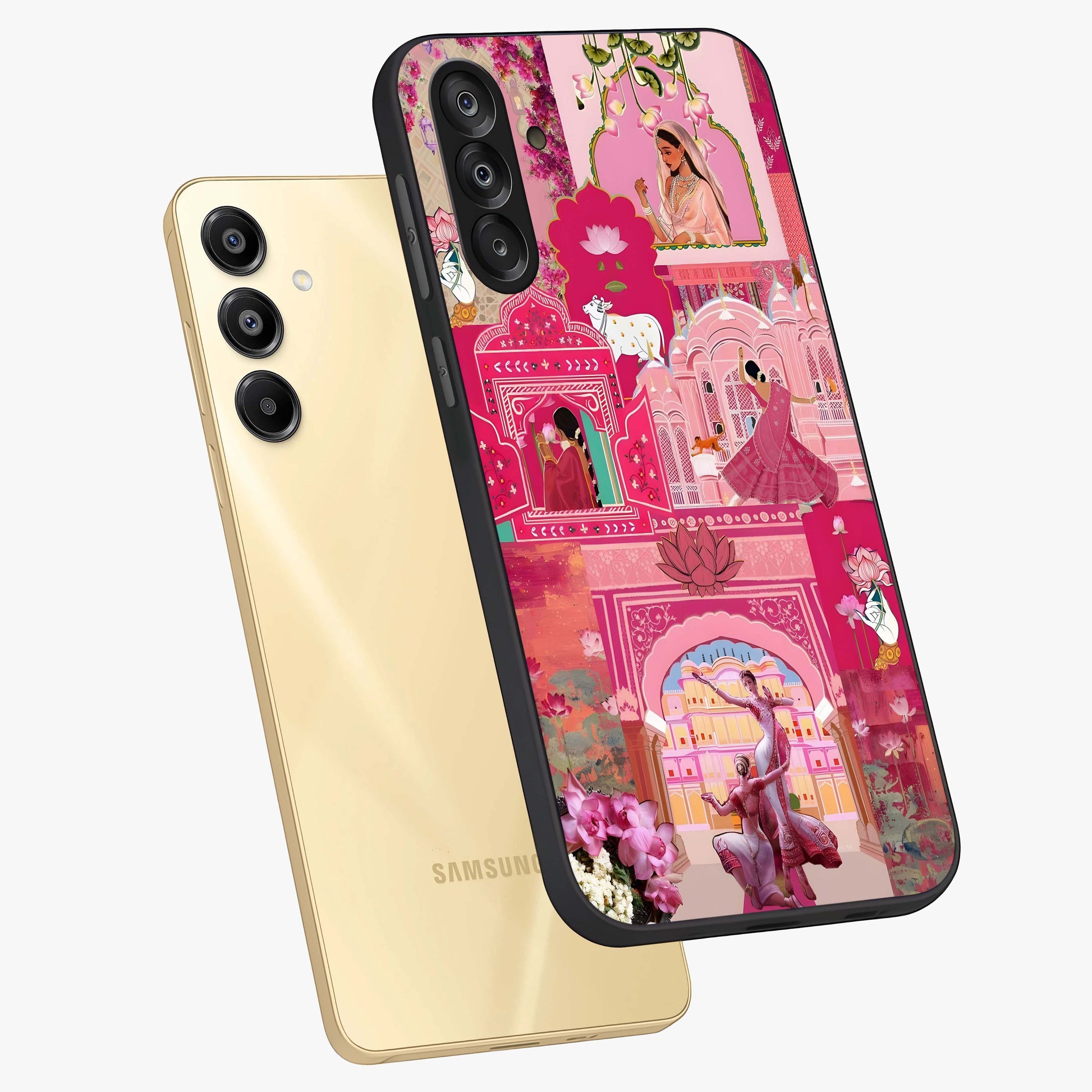Blossoms of Rajasthan Glass Case displayed in angled mockup highlighting vibrant floral pattern with cultural aesthetic style.