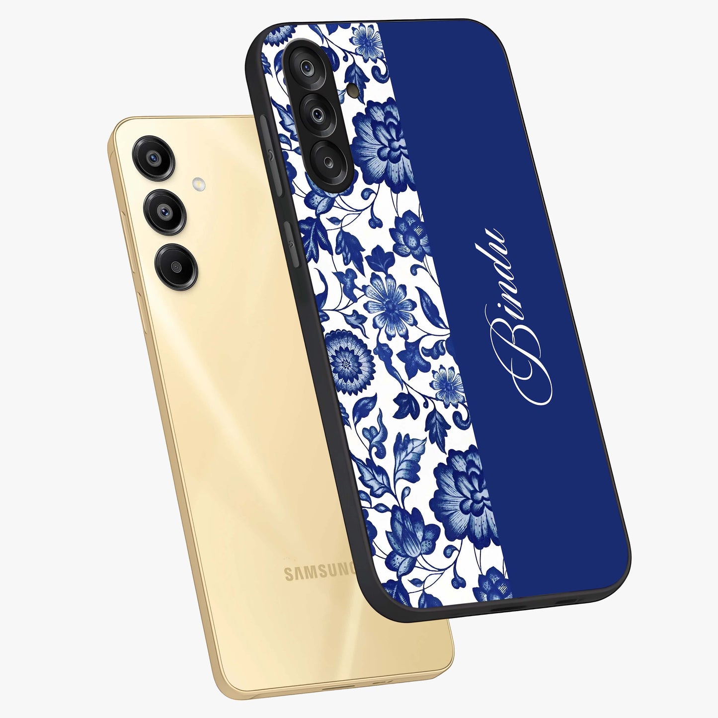 Blue Vintage Floral Pattern Glass Case displayed in angled mockup highlighting subtle bloom pattern with aesthetic pastel design.