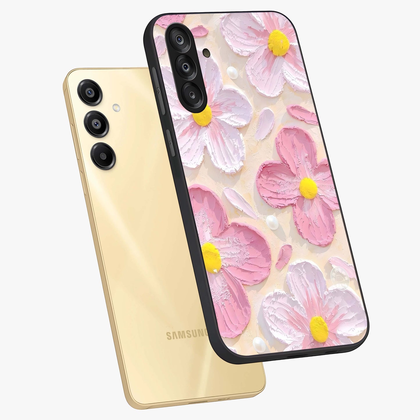Blush Bloom Texture Glass Case displayed in angled mockup highlighting subtle bloom pattern with aesthetic pastel design.