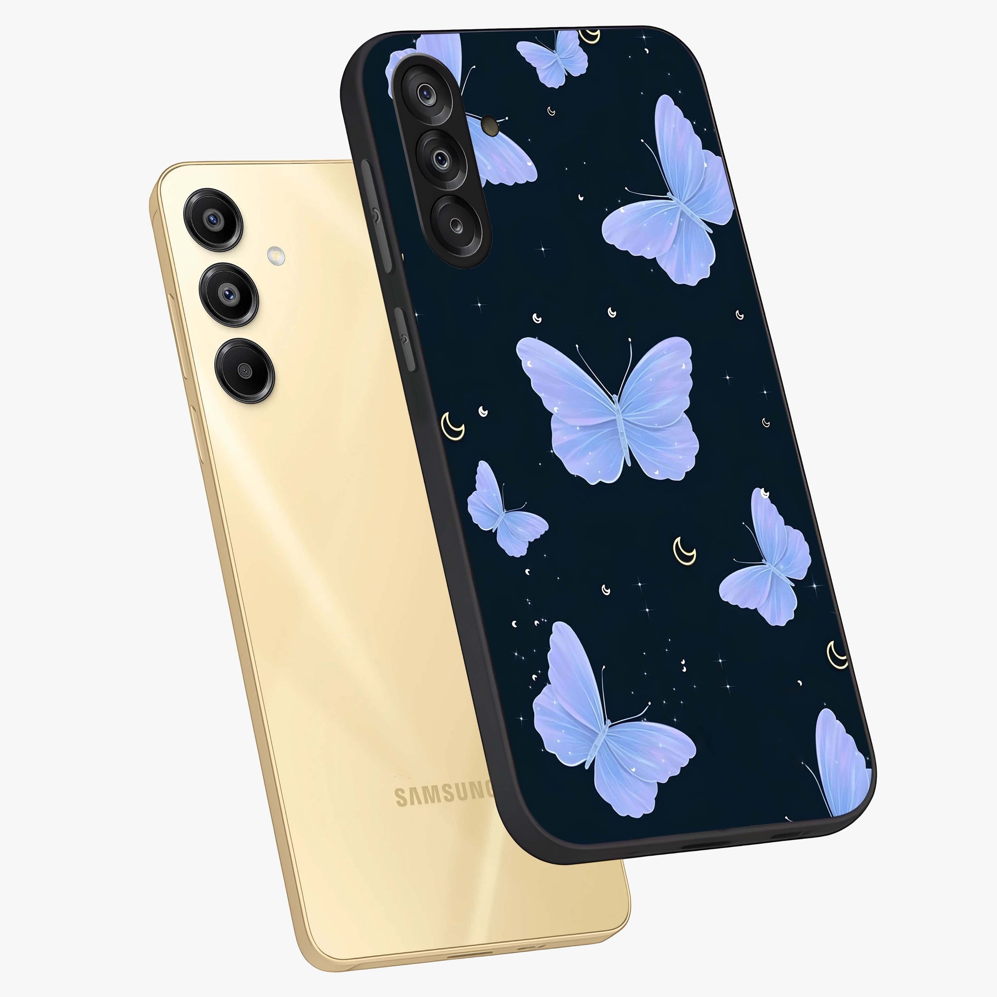 Butterfly With Stars Pattern Glass Case displayed in angled mockup highlighting dreamy butterfly and star design with aesthetic theme.