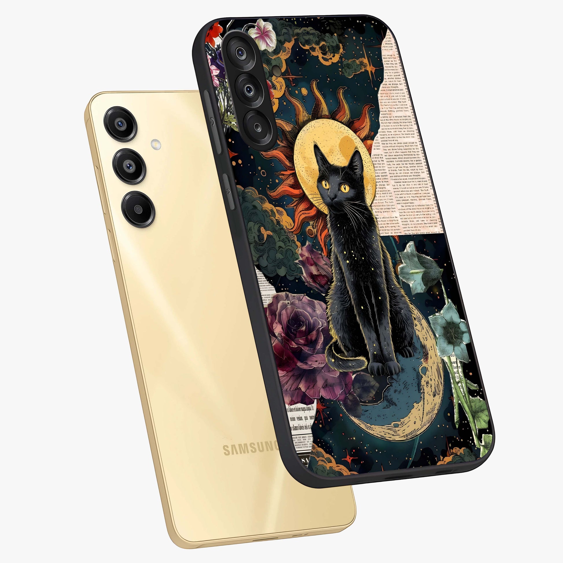 Celestial Black Cat Glass Case displayed in angled mockup highlighting cosmic black cat design with celestial aesthetic.
