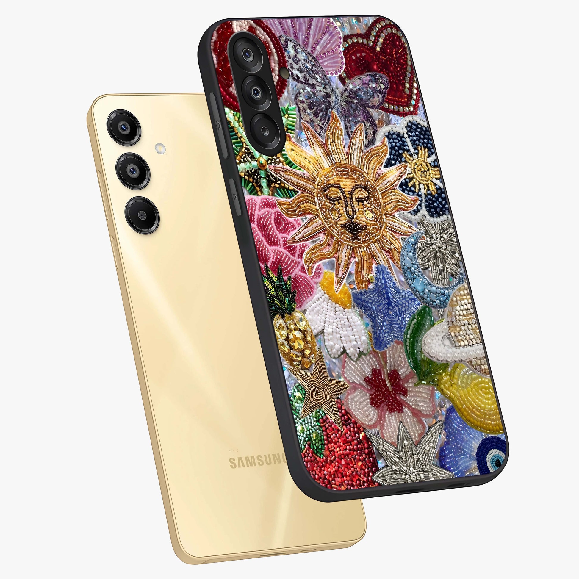 Celestial Floral and Playful Glass Case displayed in angled mockup highlighting playful floral design with dreamy celestial elements.