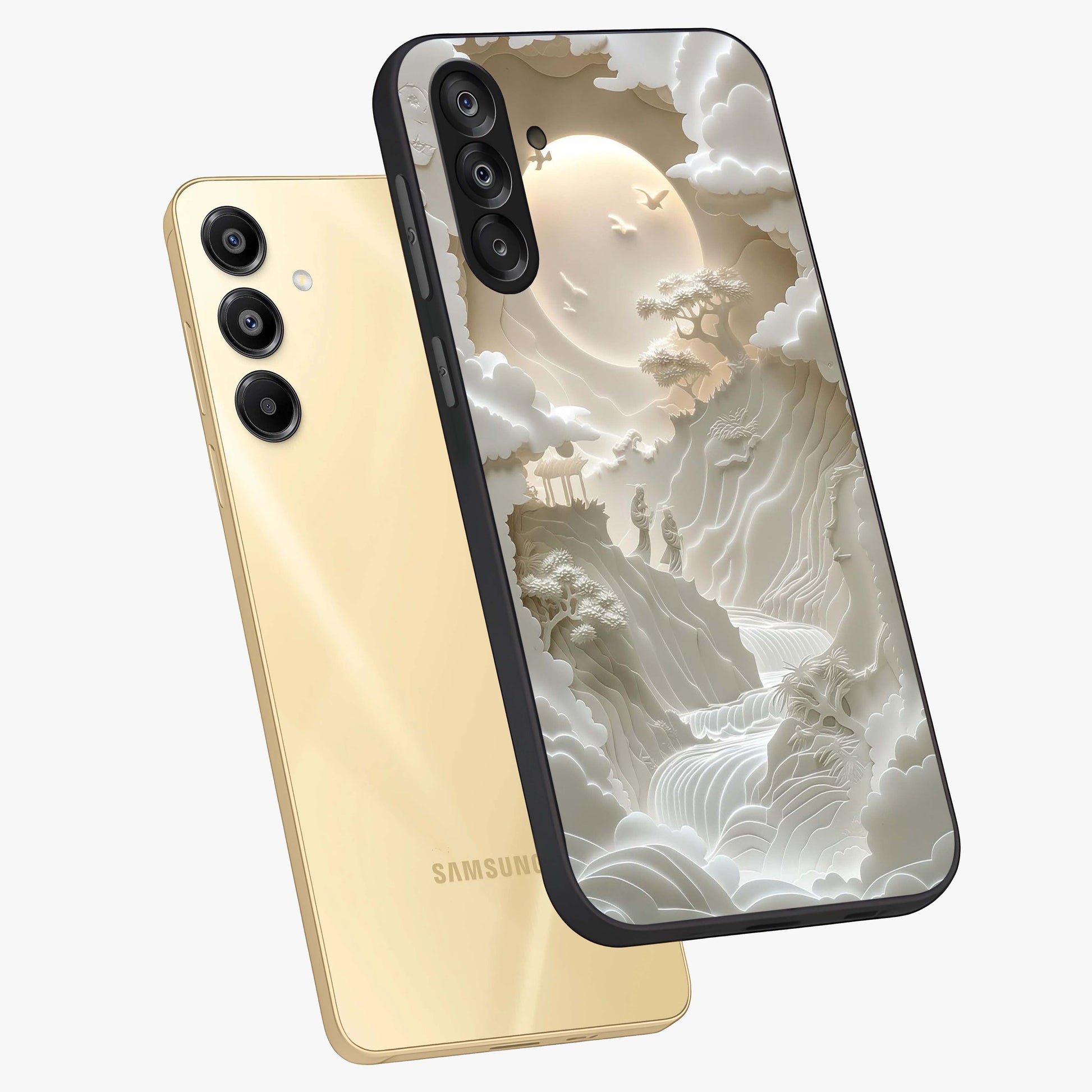 Celestial Origami Glass Case displayed in angled mockup highlighting geometric origami design with cosmic aesthetic theme.