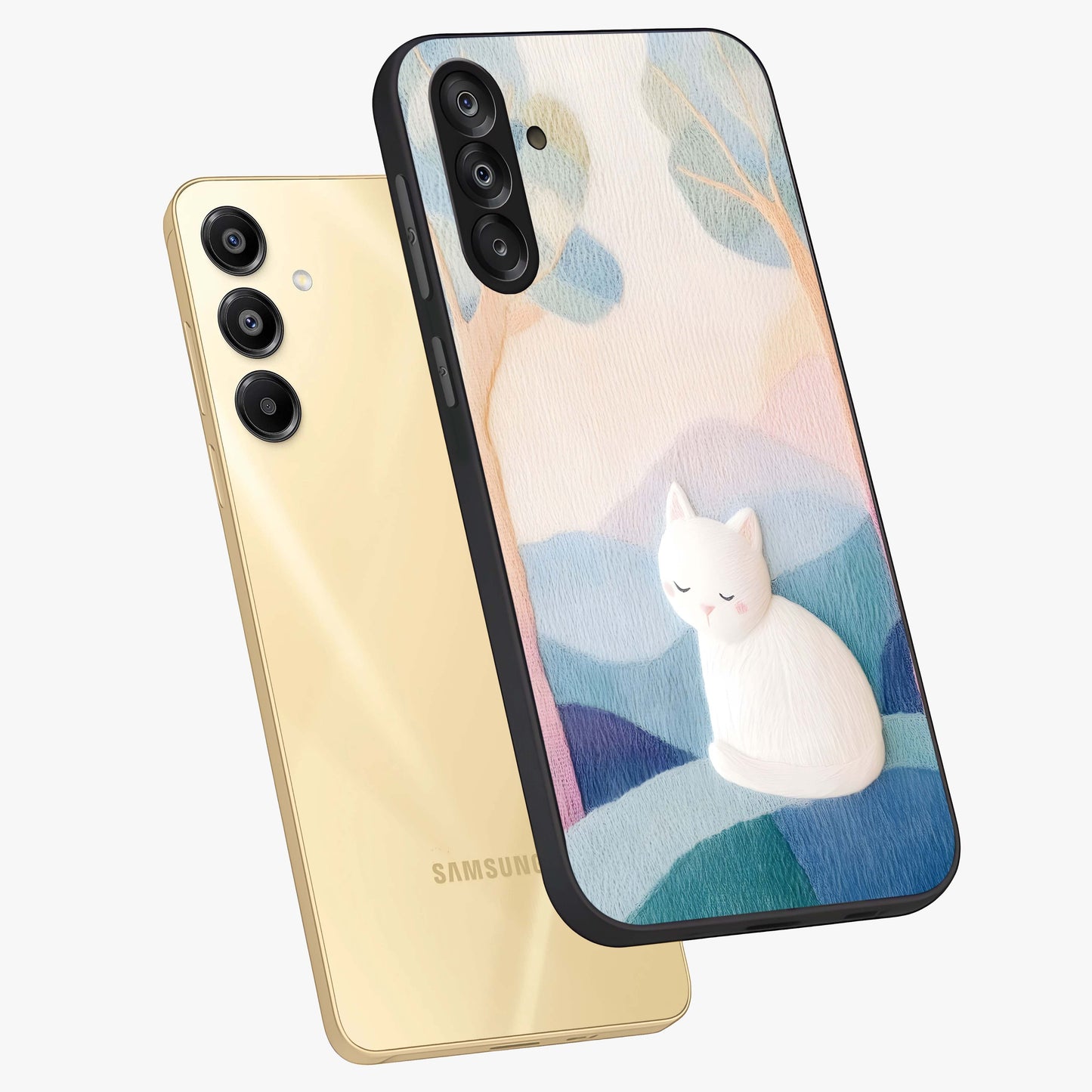 Cotton Dream Cat Glass Case displayed in angled mockup highlighting cute feline illustration with pastel aesthetic style.